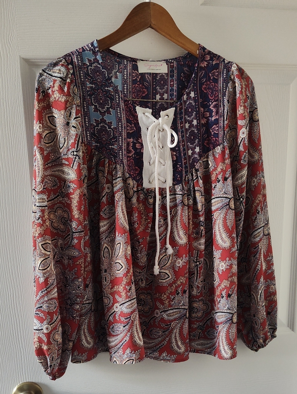 Boho Lace-Up Paisley Peasant Top - Red Multi
